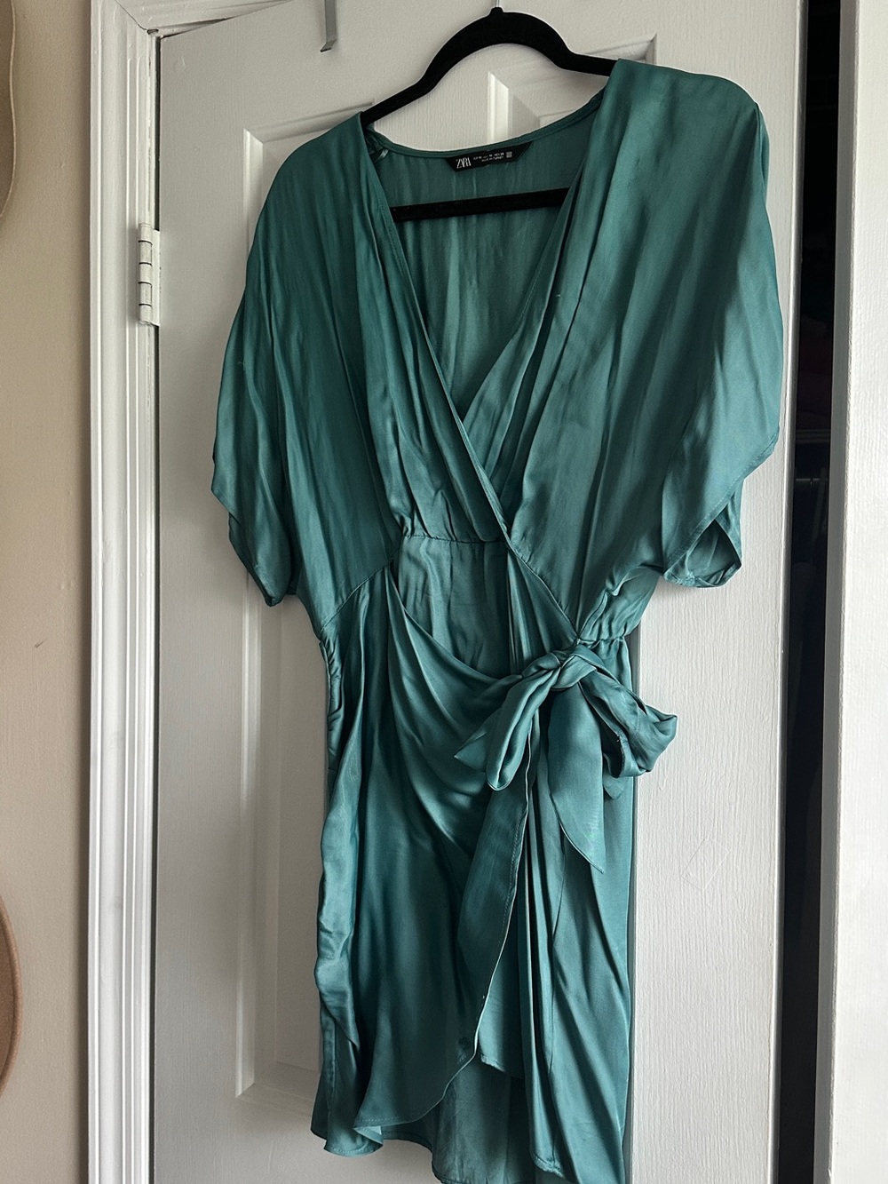 Zara Teal Satin Wrap Dress with Tie Waist